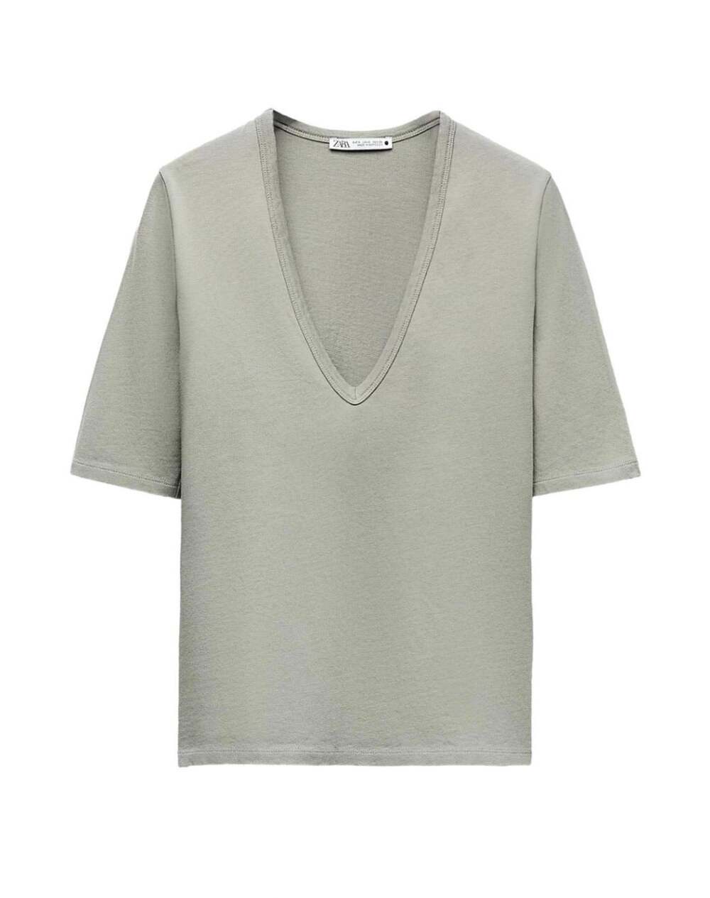 Zara Women’s Gray V-Neck T-Shirt S 3/4 Sleeve Knit Cotton Ribbed Solid